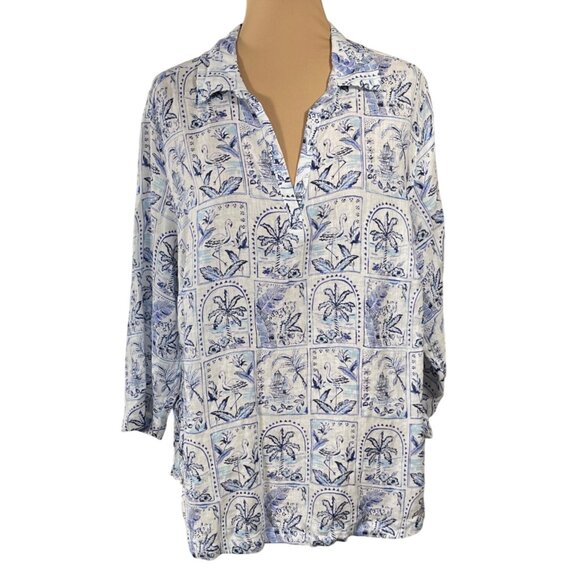 New C & C California Beachy Tunic Top Blouse Size 1X Linen Blue White - Picture 1 of 7
